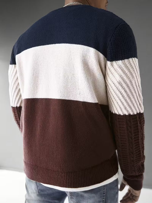 Men's Crewneck Sweater with Multi-Texture Knit Panels
