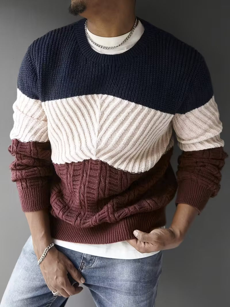 Men's Crewneck Sweater with Multi-Texture Knit Panels