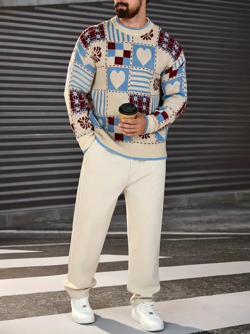 Men's Crewneck Sweater with Patchwork Knit Pattern