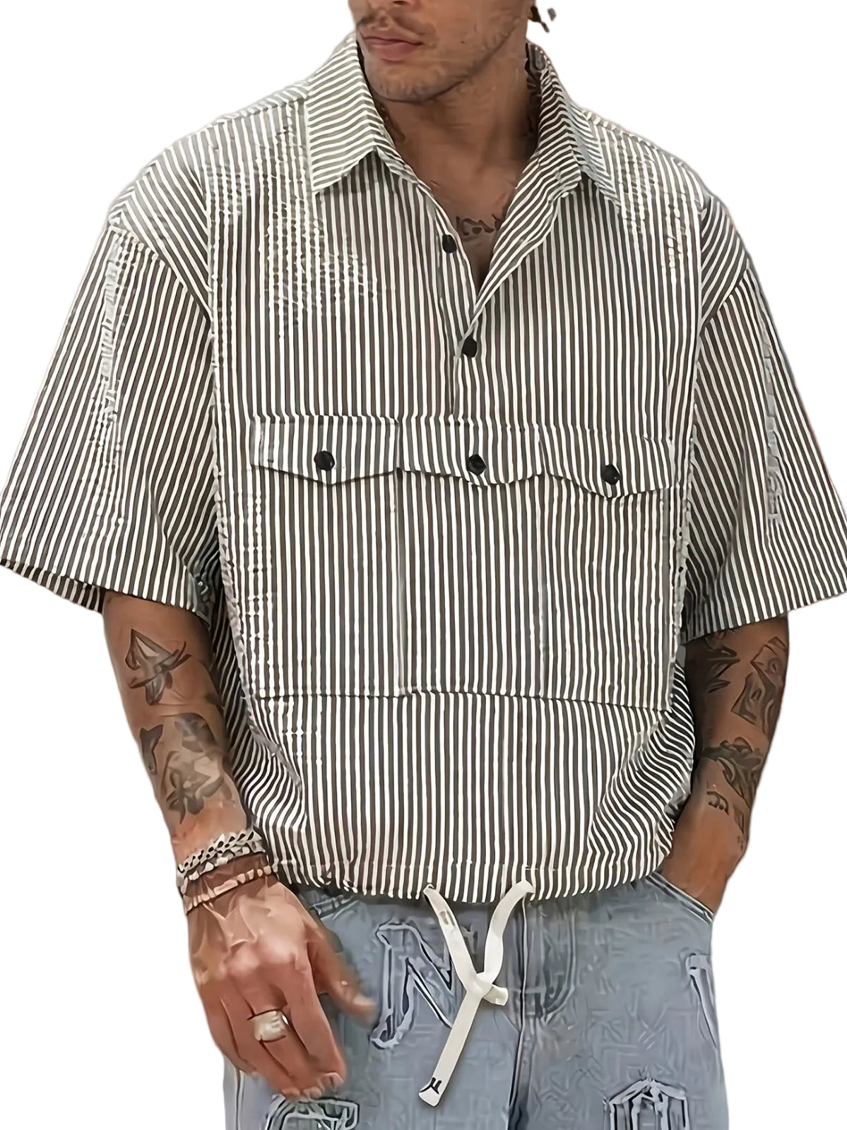 Men's Striped Short-Sleeve Shirt with Chest Flap Pockets