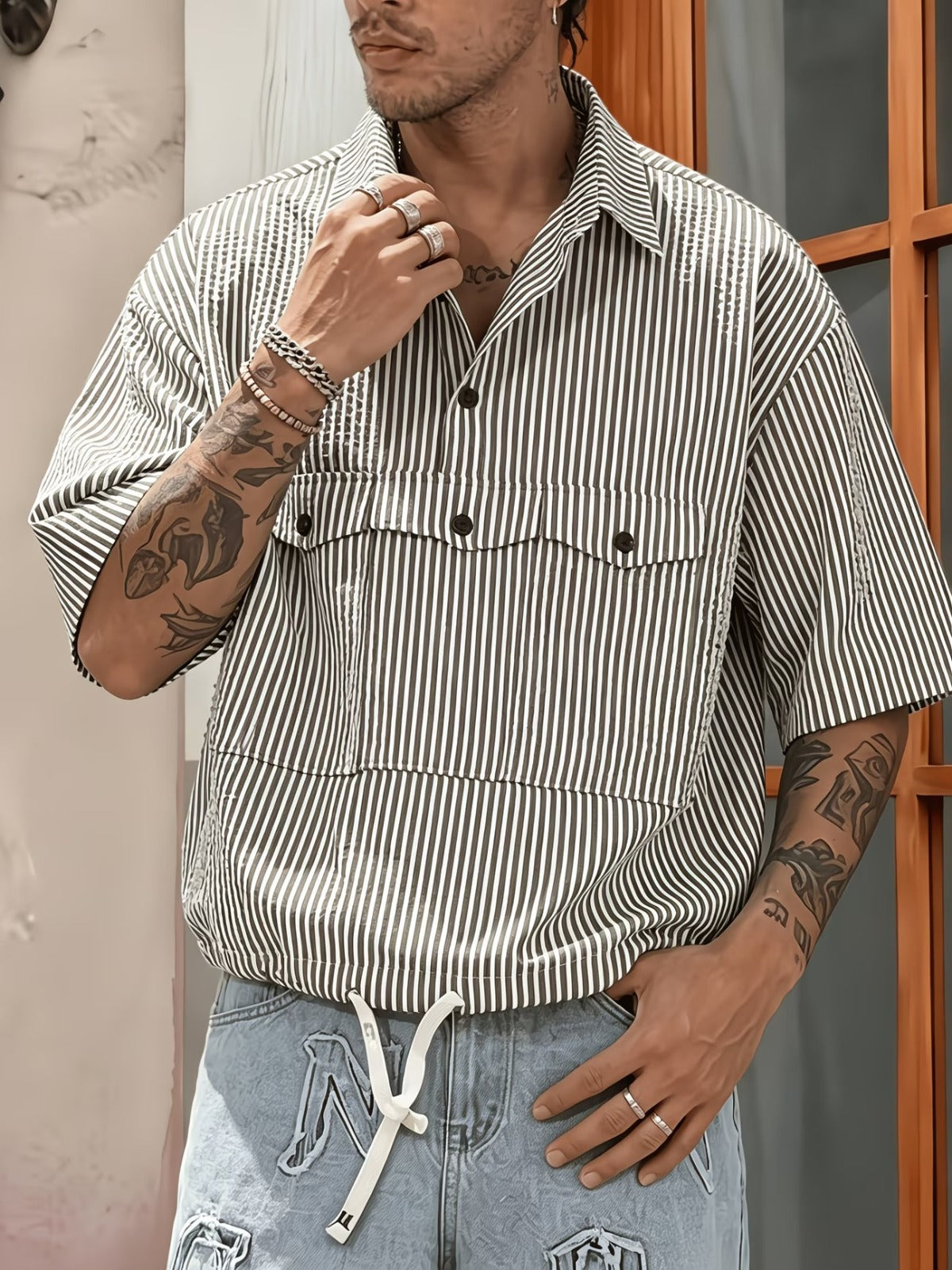 Men's Striped Short-Sleeve Shirt with Chest Flap Pockets