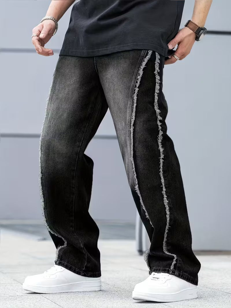 Men's Wide-Leg Pants with Frayed Panel Seams