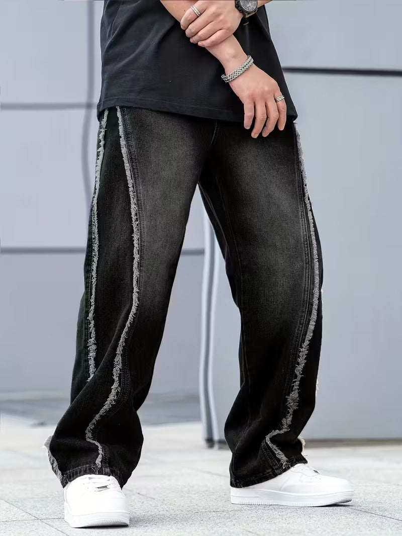 Men's Wide-Leg Pants with Frayed Panel Seams