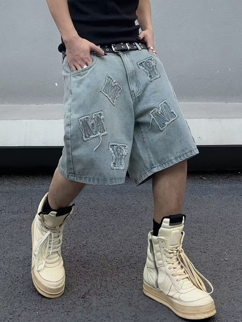 Men's Wide-Leg Shorts with Letter Patches