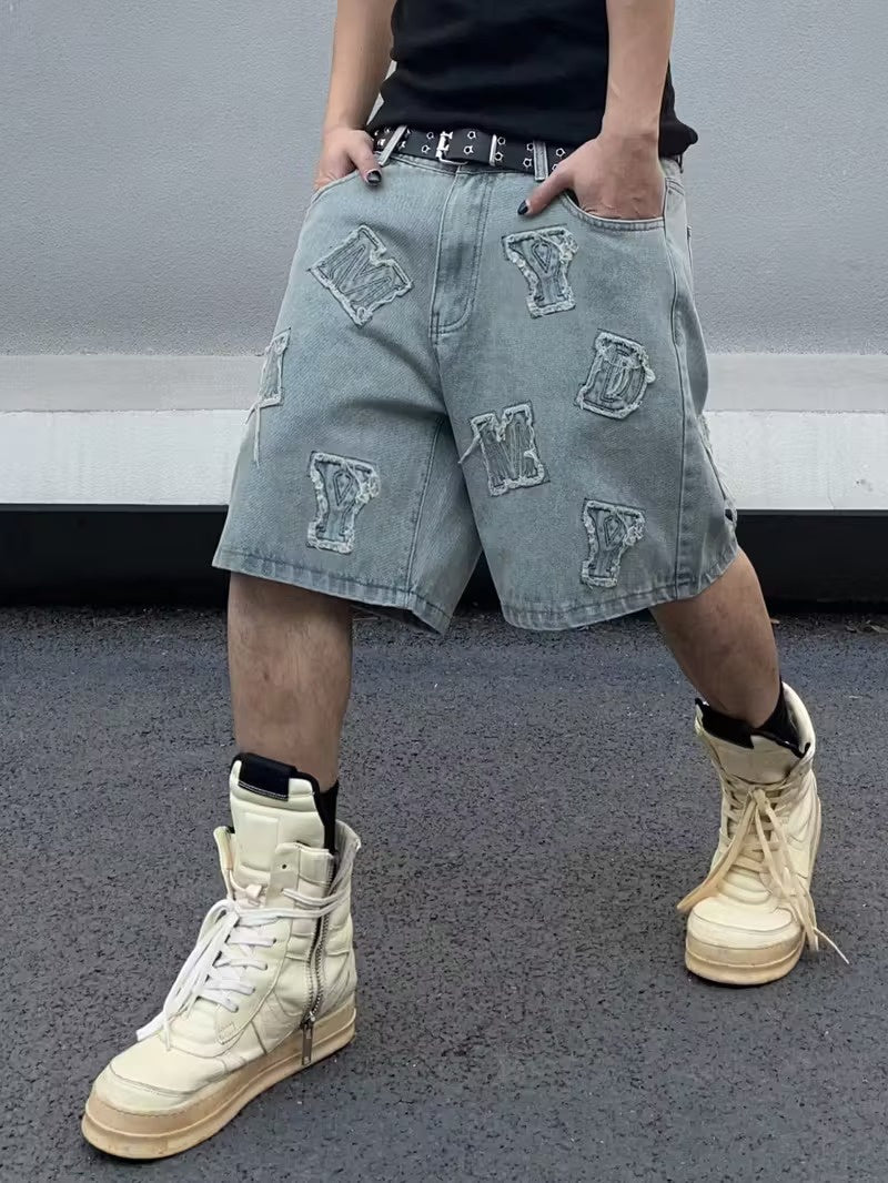 Men's Wide-Leg Shorts with Letter Patches